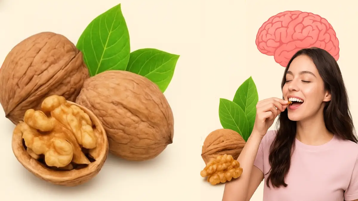लड़की अखरोट (Walnuts) खाते हुए, साथ में दिमाग़ की तस्वीर और अखरोट के फायदे हिंदी टेक्स्ट में दिखाए गए हैं।