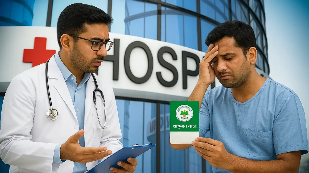 "डॉक्टर और मरीज अस्पताल में इलाज पर चर्चा करते हुए, Cashless Treatment संकट"