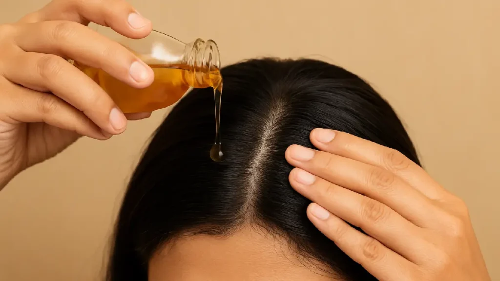 Person applying Ayurvedic oil to hair