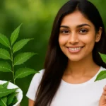 A young woman holding neem leaves with fresh neem fruits, promoting a healthy lifestyle and herbal remedies.