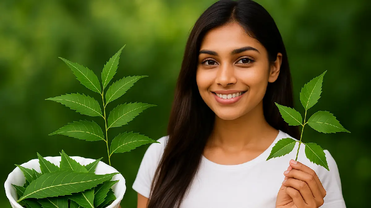 A young woman holding neem leaves with fresh neem fruits, promoting a healthy lifestyle and herbal remedies.