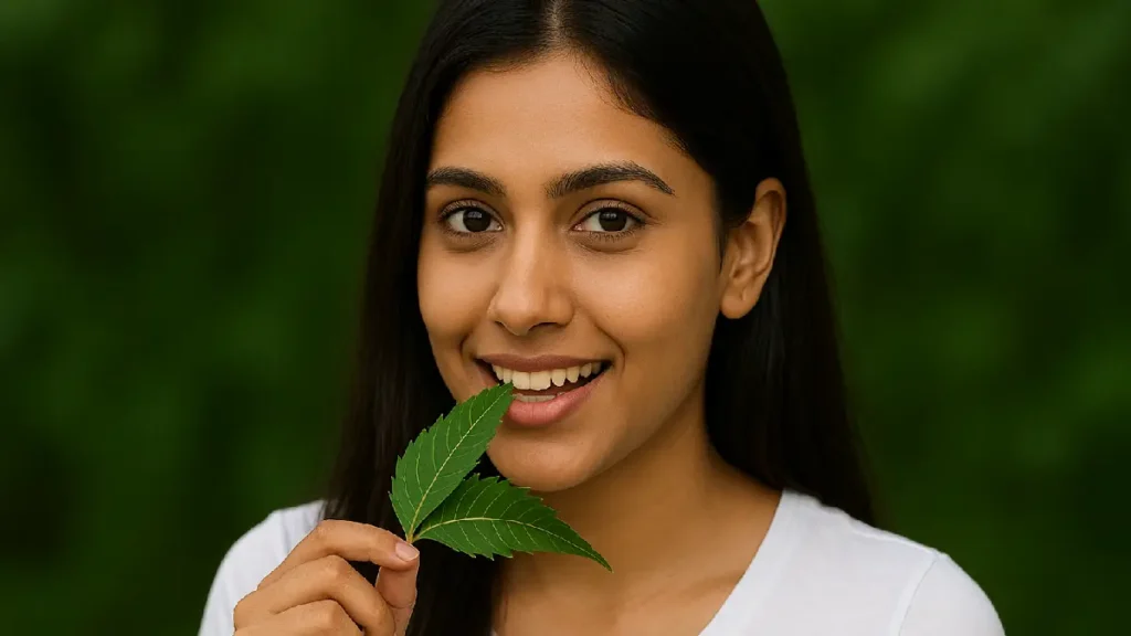 Woman eating neem leaves for health and immunity benefits.