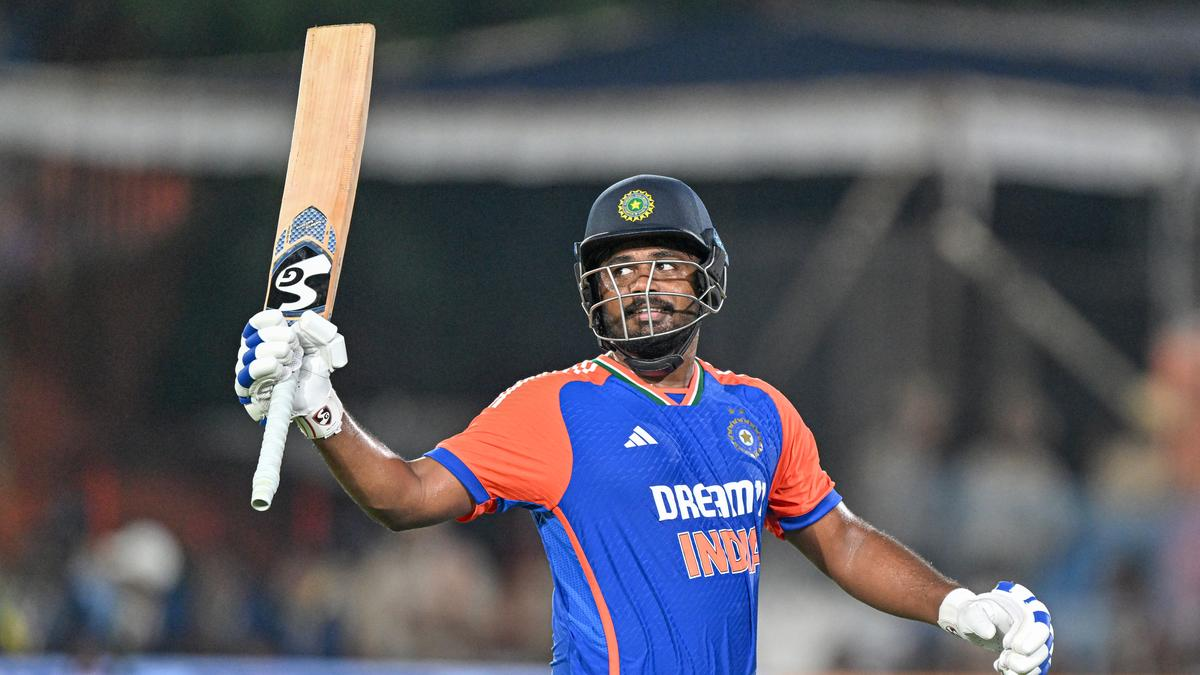 Sanju Samson celebrates century with raised bat in India vs Oman, Asia Cup 2025