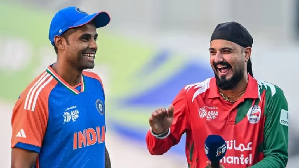 India captain Suryakumar Yadav with Oman captain Jatinder Singh during the toss in India vs Oman match