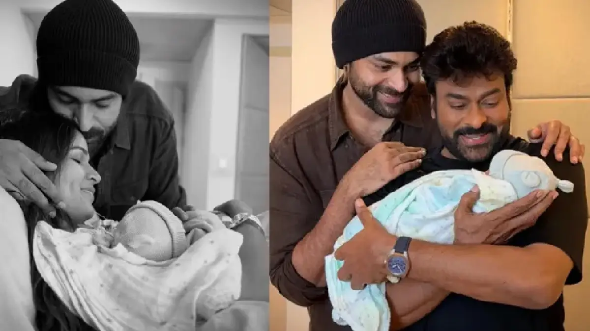 Varun Tej Lavanya Tripathi holding their newborn baby with Chiranjeevi