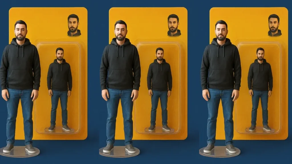 एक आदमी का 3D मिनी फिगर, Nano Banana ट्रेंड पर आधारित, रियलिस्टिक AI से तैयार।