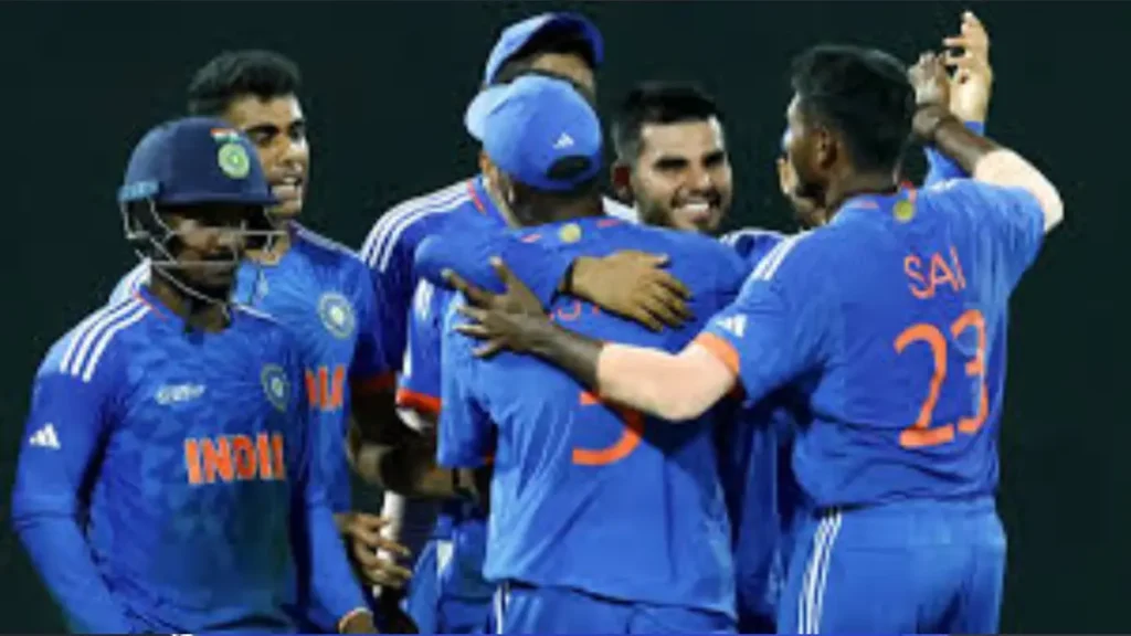 Indian cricket team celebrating victory against UAE as Abhishek Sharma hits a six in Dubai match.