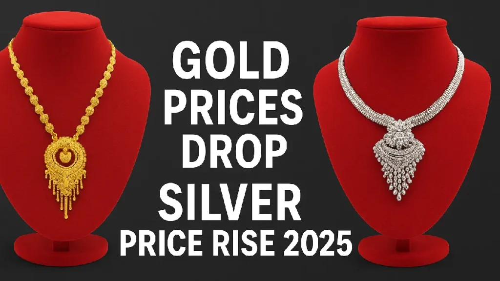 Gold and silver coins with fluctuating price chart showing Gold prices drop and Silver price rise 2025 trend in India market.