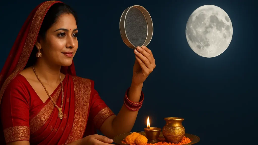 Karva Chauth Ki Kahani में महिला छलनी से चांद देखकर व्रत खोलती हुई, करवा चौथ की पूजा थाली और दीपक के साथ