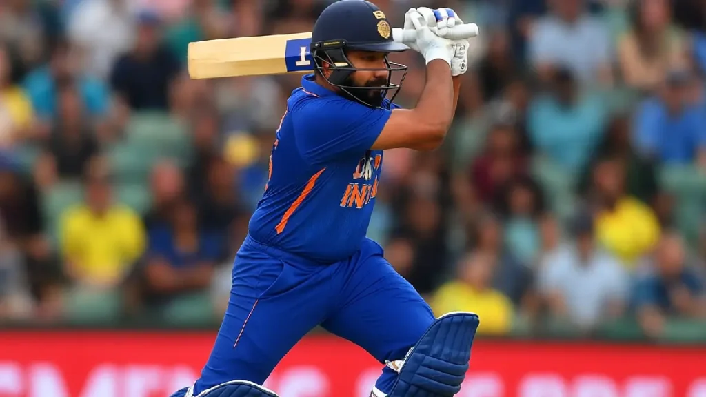 Rohit Sharma playing a shot during Ind vs Aus second ODI match at Adelaide Oval, scoring 73 runs for India