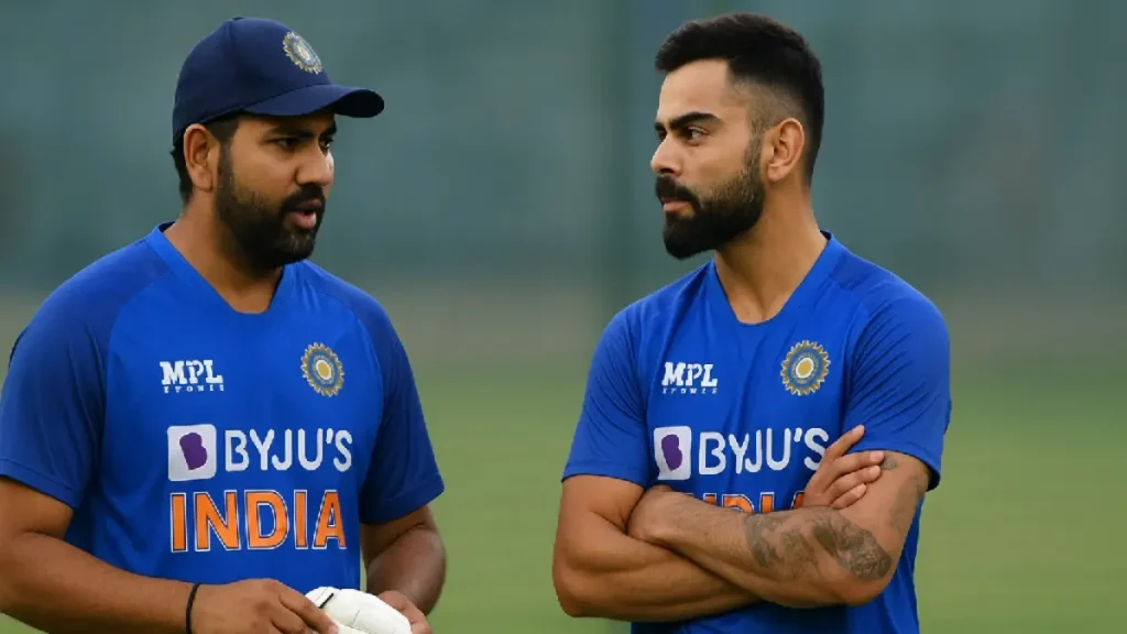 Rohit Sharma और Virat Kohli भारतीय क्रिकेट टीम की नीली जर्सी में World Cup Cricket 2025 की तैयारी करते हुए मैदान पर बात करते हुए।