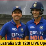 Ind vs Aus 5th T20I match stopped due to heavy rain and lightning at The Gabba; Indian players Shubman Gill and Abhishek Sharma on the field before weather interruption.