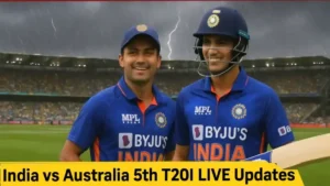 Ind vs Aus 5th T20I match stopped due to heavy rain and lightning at The Gabba; Indian players Shubman Gill and Abhishek Sharma on the field before weather interruption.