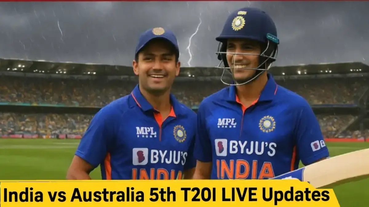 Ind vs Aus 5th T20I match stopped due to heavy rain and lightning at The Gabba; Indian players Shubman Gill and Abhishek Sharma on the field before weather interruption.