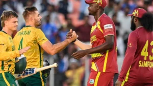 Aiden Markram and Ryan Rickelton batting during T20 World Cup 2026 match as South Africa defeat West Indies by 9 wickets in Ahmedabad