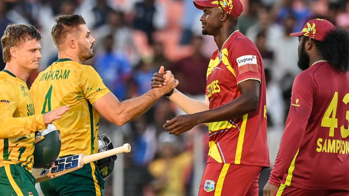 Aiden Markram and Ryan Rickelton batting during T20 World Cup 2026 match as South Africa defeat West Indies by 9 wickets in Ahmedabad